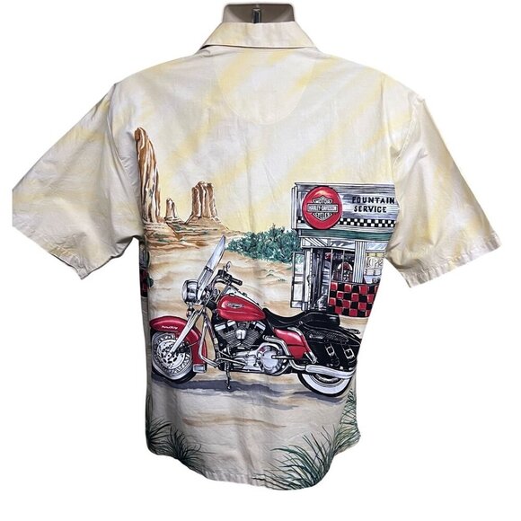 Harley Davidson Vintage Yellow Motorcycle Big Print Button Up Camp Shirt Large - Picture 2 of 10